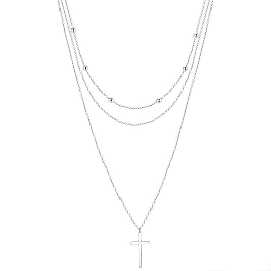 Silver Stainless Steel Triple Layered Beaded Cross Necklace, Multi Strand Chain with Round Ball Beads & Plain Cross Pendant