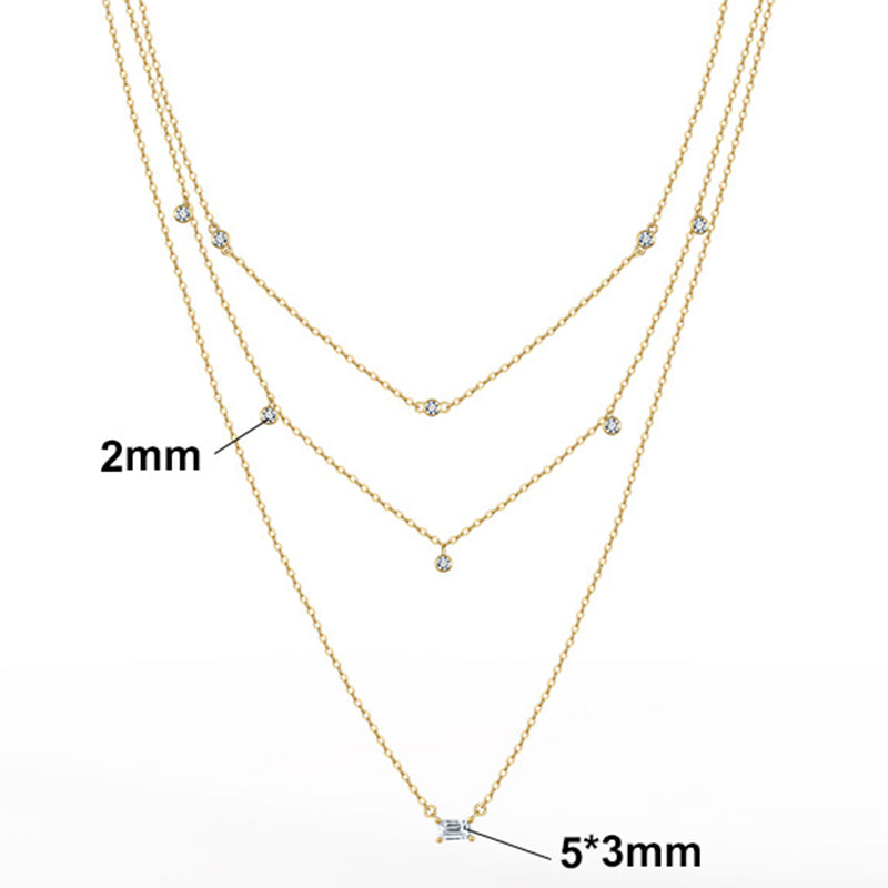 Gold Stainless Steel Triple Layer CZ Necklace, Multi Strand Chain with Round and Baguette Cut Cubic Zirconia