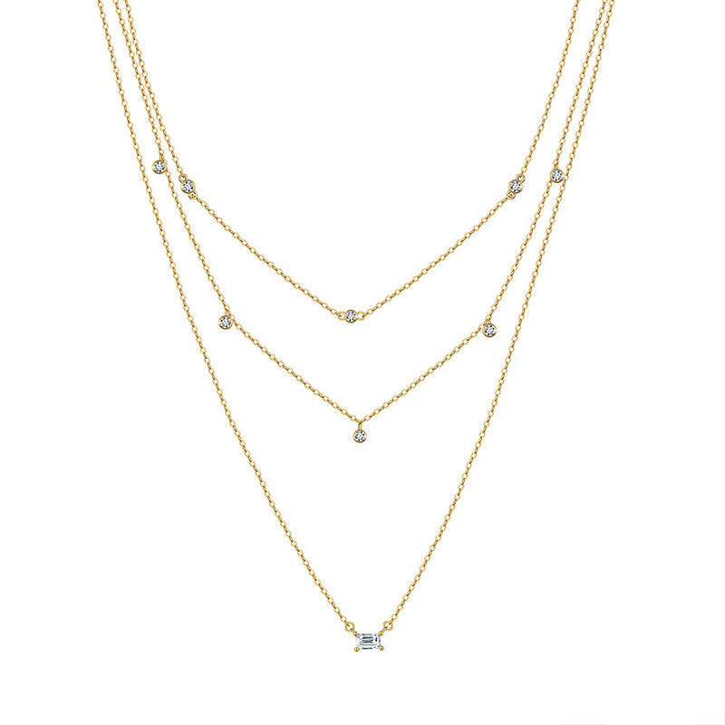 Gold Stainless Steel Triple Layer CZ Necklace, Multi Strand Chain with Round and Baguette Cut Cubic Zirconia