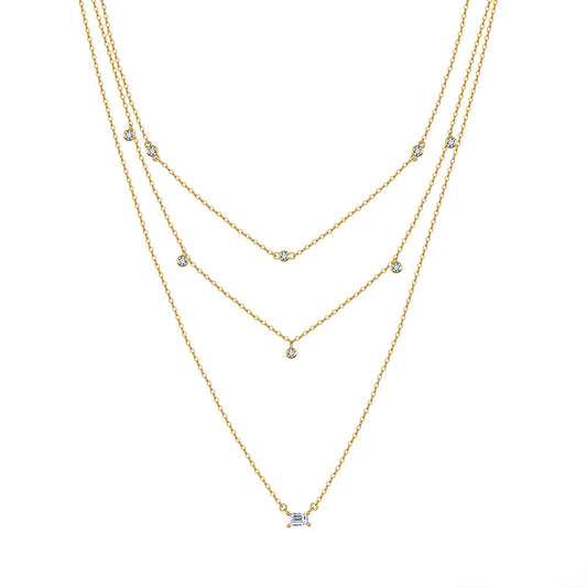 Gold Stainless Steel Triple Layer CZ Necklace, Multi Strand Chain with Round and Baguette Cut Cubic Zirconia