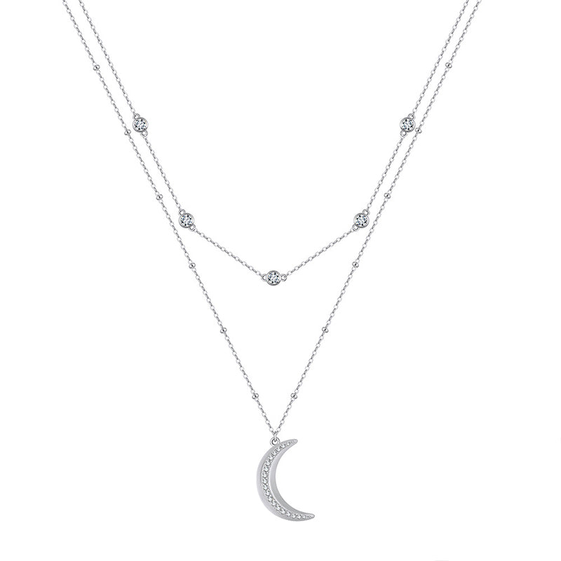 Gold Stainless Steel Double Layer Moon Pendant Necklace, Bezel Round CZ Station Chain, Pave CZ Crescent Moon Charm