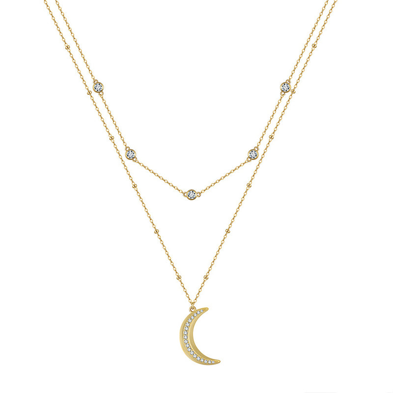 Gold Stainless Steel Double Layer Moon Pendant Necklace, Bezel Round CZ Station Chain, Pave CZ Crescent Moon Charm