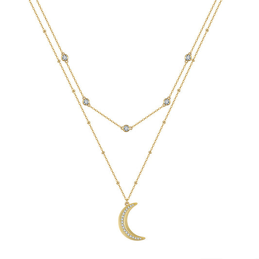 Gold Stainless Steel Double Layer Moon Pendant Necklace, Bezel Round CZ Station Chain, Pave CZ Crescent Moon Charm