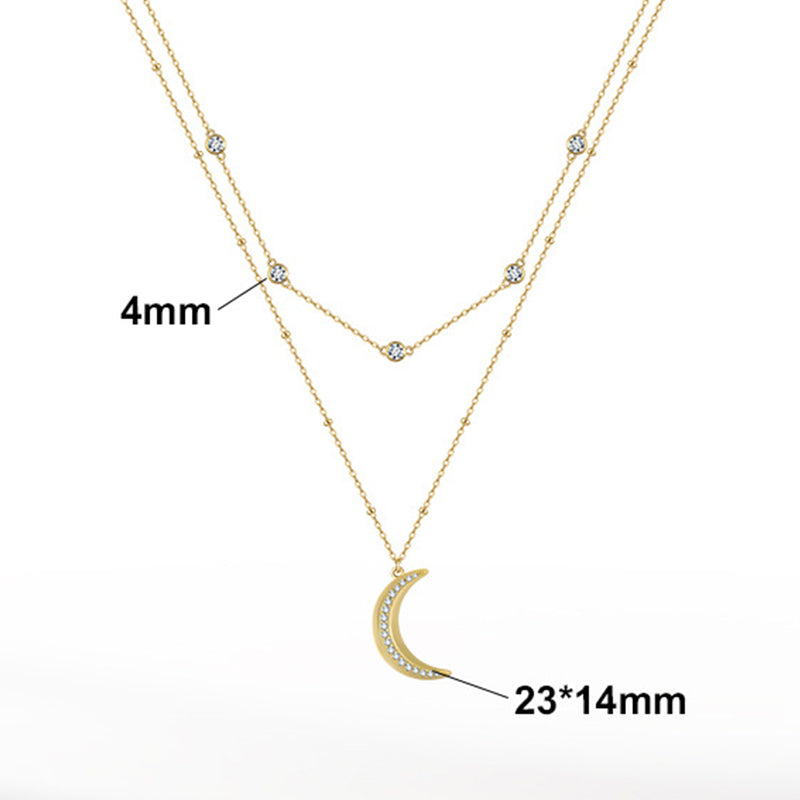 Gold Stainless Steel Double Layer Moon Pendant Necklace, Bezel Round CZ Station Chain, Pave CZ Crescent Moon Charm