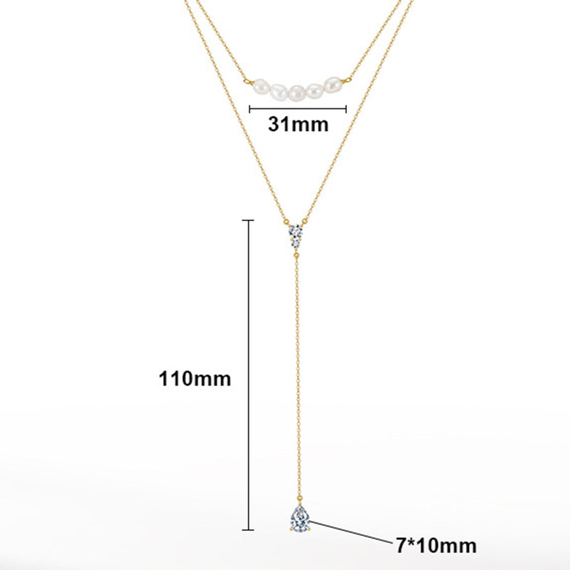 Gold Stainless Steel Two Layer Lariat Y Necklace, Baroque Pearl Choker, Teardrop Cubic Zirconia Drop Y-Drop Chain