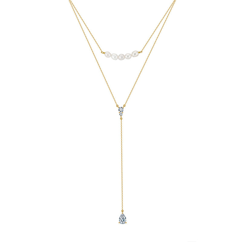 Gold Stainless Steel Two Layer Lariat Y Necklace, Baroque Pearl Choker, Teardrop Cubic Zirconia Drop Y-Drop Chain