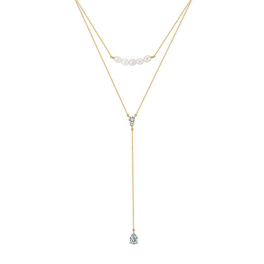 Gold Stainless Steel Two Layer Lariat Y Necklace, Baroque Pearl Choker, Teardrop Cubic Zirconia Drop Y-Drop Chain