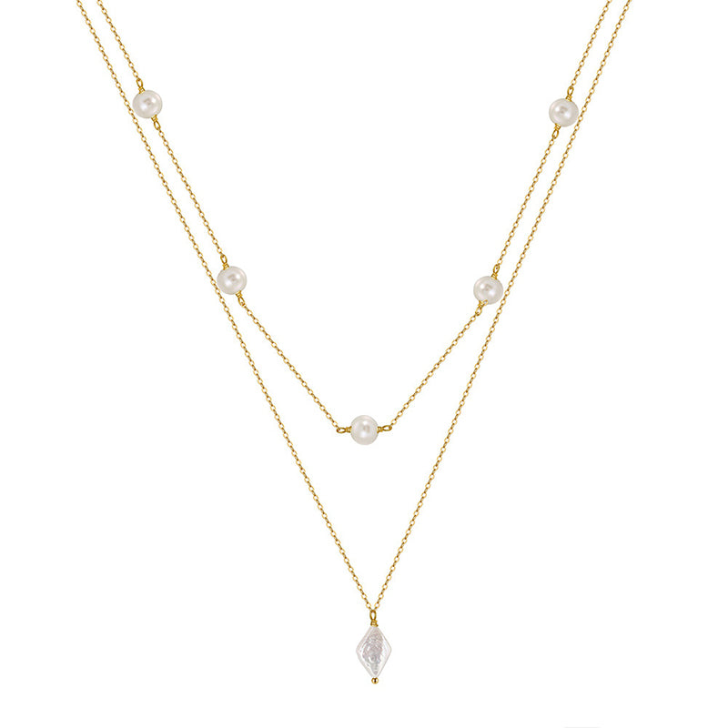 Gold Stainless Steel Double Layer Pearl Crystal Necklace, Freshwater Pearl Station Chain, Diamond Shape Clear Crystal Pendant