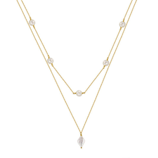 Gold Stainless Steel Double Layer Pearl Crystal Necklace, Freshwater Pearl Station Chain, Diamond Shape Clear Crystal Pendant