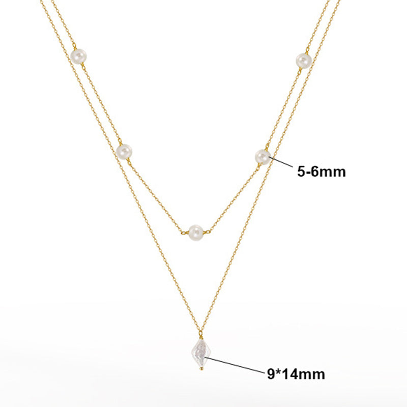 Gold Stainless Steel Double Layer Pearl Crystal Necklace, Freshwater Pearl Station Chain, Diamond Shape Clear Crystal Pendant