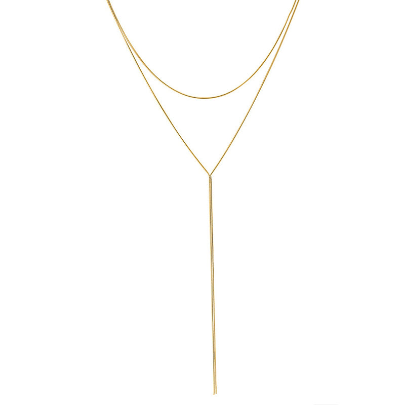Gold Stainless Steel Double Layer Snake Lariat Necklace, Thin Flat Herringbone Chain Long Y Drop Adjustable Necklace