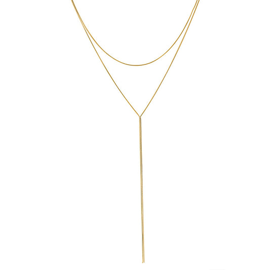 Gold Stainless Steel Double Layer Snake Lariat Necklace, Thin Flat Herringbone Chain Long Y Drop Adjustable Necklace