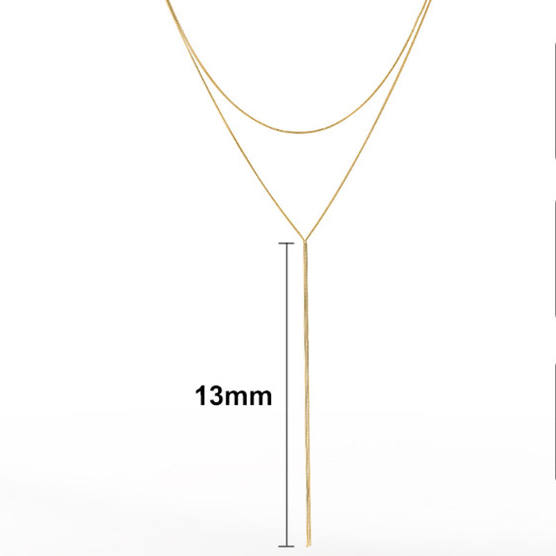 Gold Stainless Steel Double Layer Snake Lariat Necklace, Thin Flat Herringbone Chain Long Y Drop Adjustable Necklace
