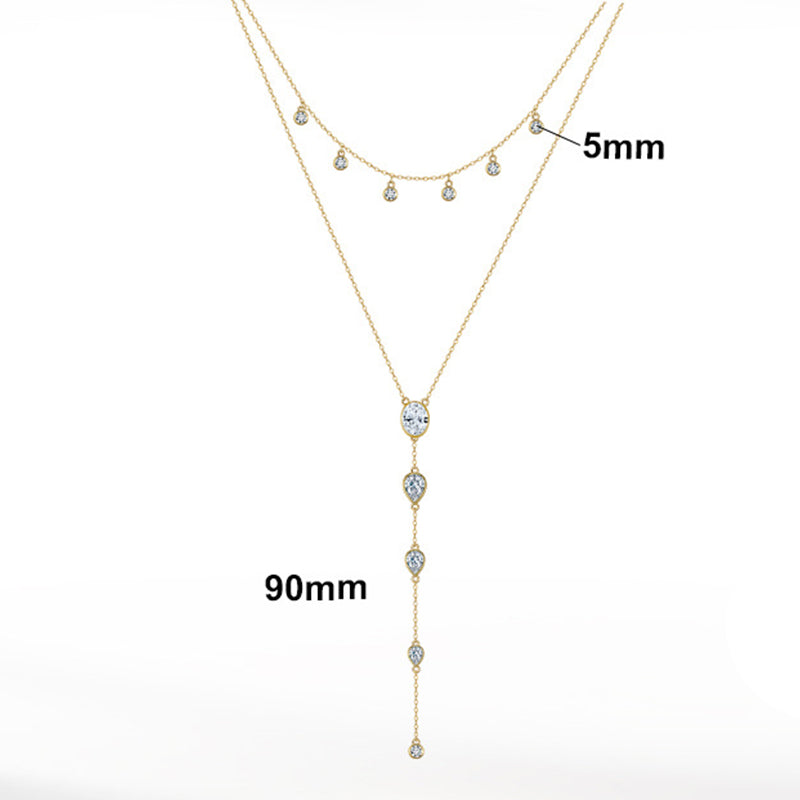 Stainless Steel Layered Y Drop Necklace, Silver Plated Multi CZ Tassel Necklace, Oval & Pear Cut Crystal Long Lariat Necklace for Women