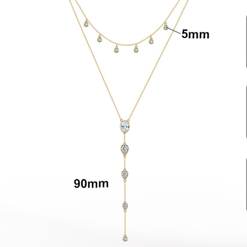 Gold Stainless Steel Double Layer CZ Lariat Necklace, Dangling Round CZ Choker, Oval & Teardrop Cubic Zirconia Y-Drop Chain