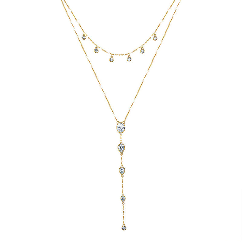 Gold Stainless Steel Double Layer CZ Lariat Necklace, Dangling Round CZ Choker, Oval & Teardrop Cubic Zirconia Y-Drop Chain