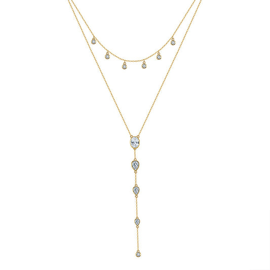Gold Stainless Steel Double Layer CZ Lariat Necklace, Dangling Round CZ Choker, Oval & Teardrop Cubic Zirconia Y-Drop Chain