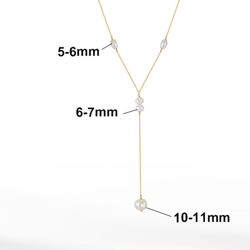 Gold Stainless Steel Baroque Pearl Y Drop Necklace, Multi Size Rice Pearl Lariat Pendant Cable Chain Necklace