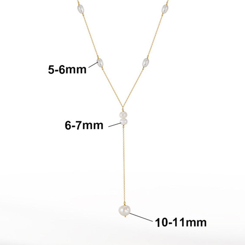 Gold Stainless Steel Baroque Pearl Y Lariat Necklace, Station Rice Pearl Thin Cable Chain with Multi Pearl Drop Pendant