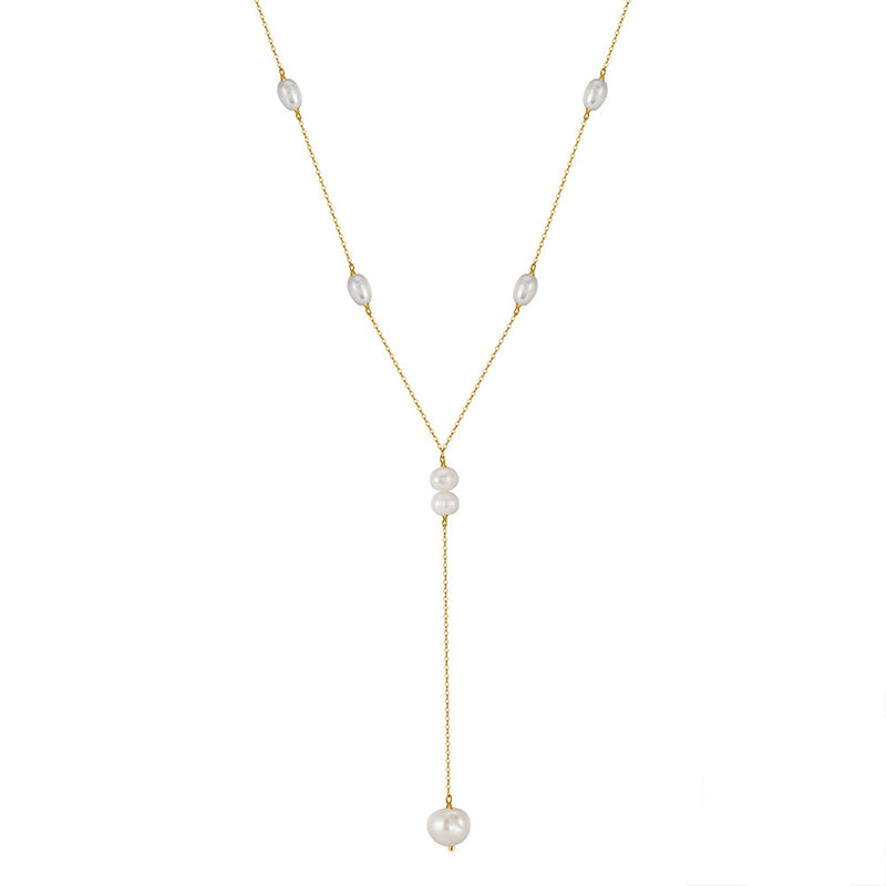 Gold Stainless Steel Baroque Pearl Y Lariat Necklace, Station Rice Pearl Thin Cable Chain with Multi Pearl Drop Pendant