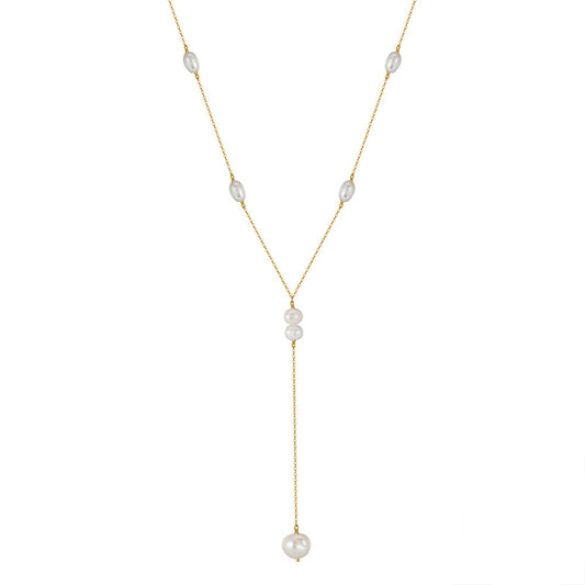 Gold Stainless Steel Baroque Pearl Y Lariat Necklace, Station Rice Pearl Thin Cable Chain with Multi Pearl Drop Pendant
