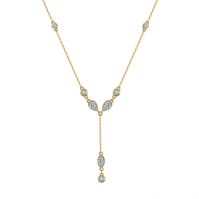 Gold Stainless Steel CZ Y-Drop Necklace, Round & Marquise Cut Cubic Zirconia Bezel Set Station Chain Lariat Necklace