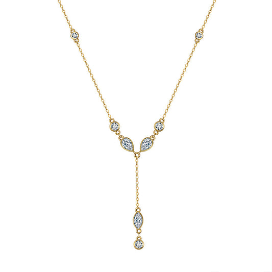 Gold Stainless Steel CZ Y-Drop Necklace, Round & Marquise Cut Cubic Zirconia Bezel Set Station Chain Lariat Necklace