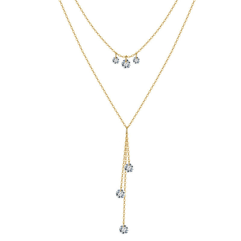 Stainless Steel Double Layer  Drop Necklace, Silver Plated Multi Round Crystal Tassel Necklace, Dainty Stackable Y Shaped Necklace for Women