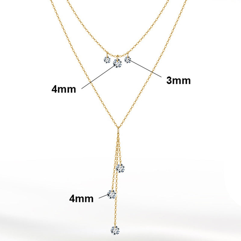 Stainless Steel Double Layer  Drop Necklace, Silver Plated Multi Round Crystal Tassel Necklace, Dainty Stackable Y Shaped Necklace for Women