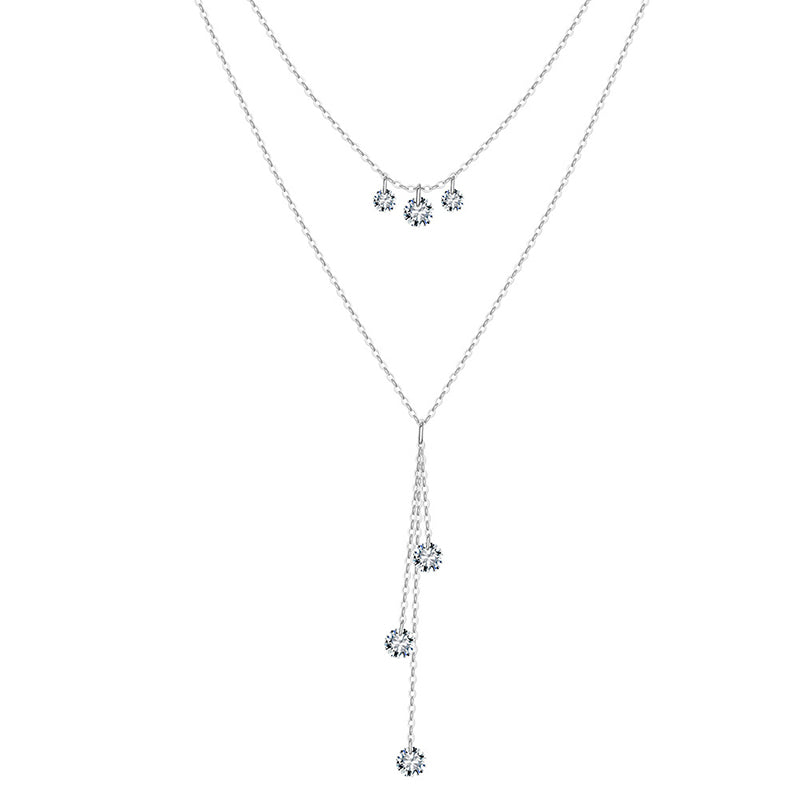 Stainless Steel Double Layer  Drop Necklace, Silver Plated Multi Round Crystal Tassel Necklace, Dainty Stackable Y Shaped Necklace for Women