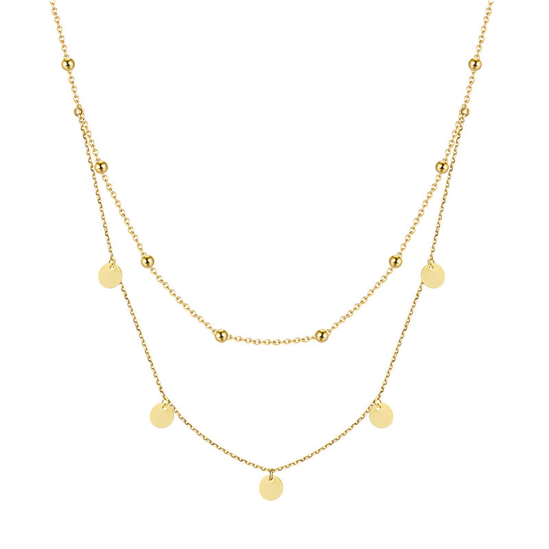 Stainless Steel Double Layer Disc Bead Necklace, Gold Plated Dangling Circle Coin Choker, Dainty Layered Round Pendant Necklace for Women