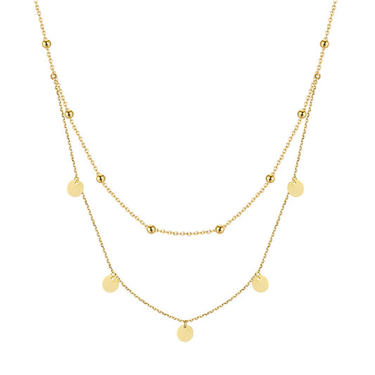 Stainless Steel Double Layer Disc Bead Necklace, Gold Plated Dangling Circle Coin Choker, Dainty Layered Round Pendant Necklace for Women