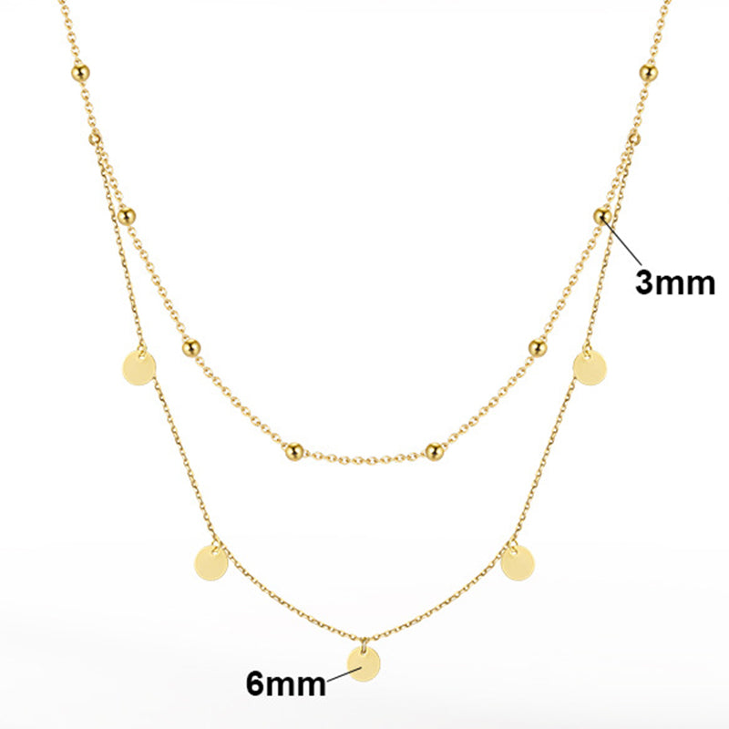 Stainless Steel Double Layer Disc Bead Necklace, Gold Plated Dangling Circle Coin Choker, Dainty Layered Round Pendant Necklace for Women