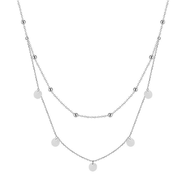 Stainless Steel Double Layer Disc Bead Necklace, Gold Plated Dangling Circle Coin Choker, Dainty Layered Round Pendant Necklace for Women