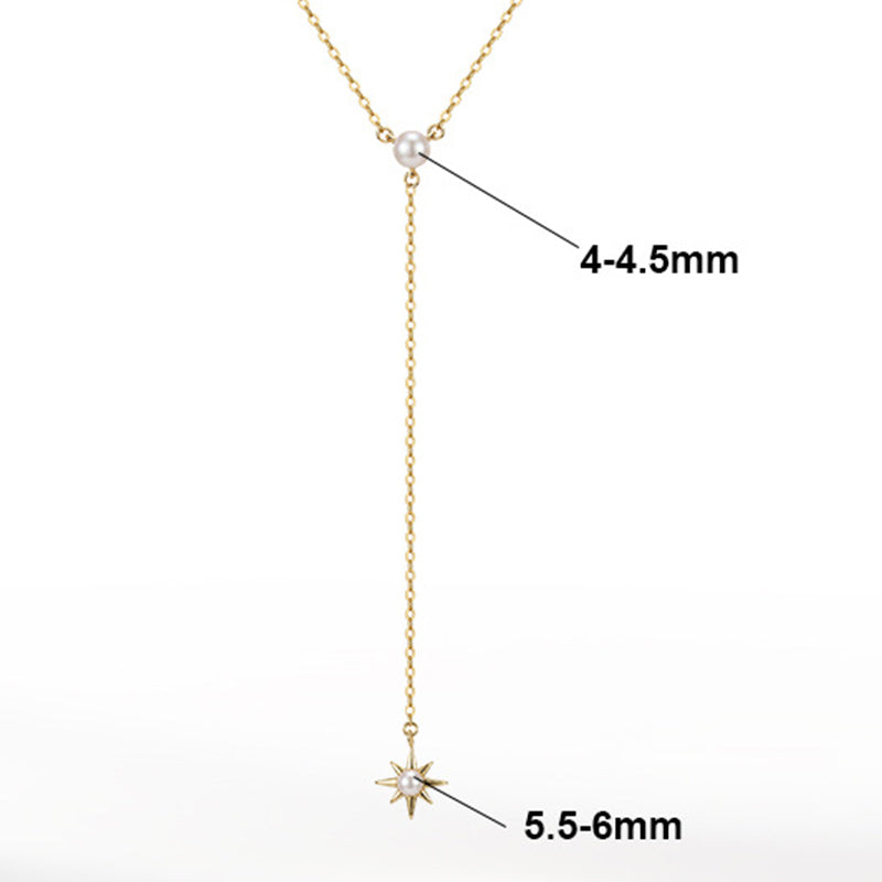 Silver Stainless Steel Starburst Pearl Y Necklace, Single White Pearl North Star Charm Lariat Chain