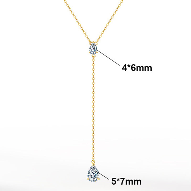 Silver Stainless Steel Teardrop CZ Y Lariat Necklace, Double Pear Cut Cubic Zirconia Drop Pendant Chain