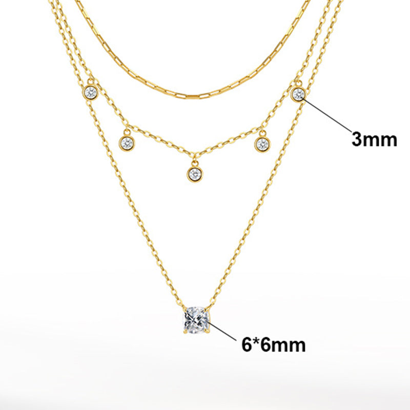 Gold Stainless Steel 3 Layer Stacked Necklace, Bezel CZ Station & Square CZ Pendant Triple Chain Set
