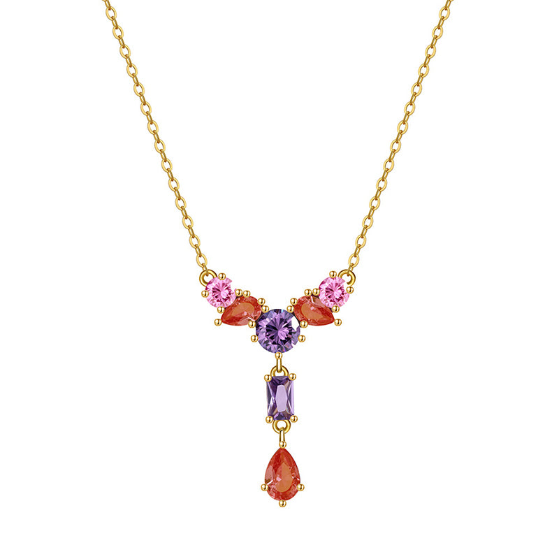 Gold Stainless Steel Multi-Color Gemstone Y Necklace, Mixed Pink Purple Orange CZ Cluster with Rectangular & Teardrop Stone Drop