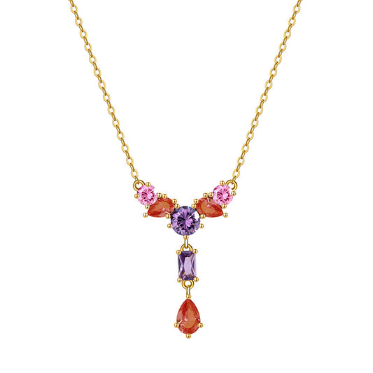 Gold Stainless Steel Multi-Color Gemstone Y Necklace, Mixed Pink Purple Orange CZ Cluster with Rectangular & Teardrop Stone Drop