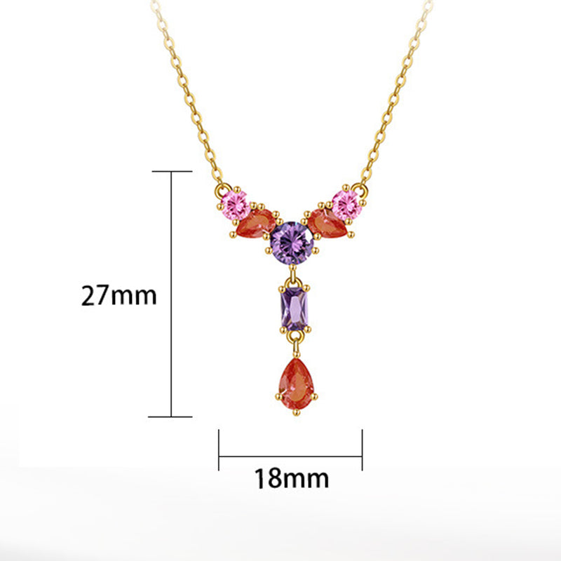 Gold Stainless Steel Multi-Color Gemstone Y Necklace, Mixed Pink Purple Orange CZ Cluster with Rectangular & Teardrop Stone Drop