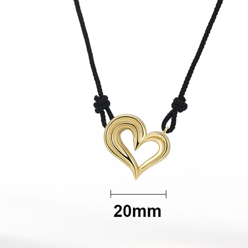 Gold Stainless Steel Hollow Heart Cord Necklace, Grooved Layered Outline Heart Pendant Black Rope Chain