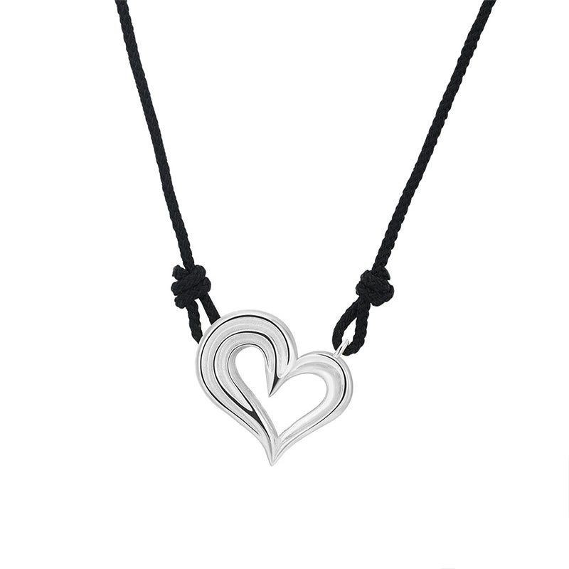 Gold Stainless Steel Hollow Heart Cord Necklace, Grooved Layered Outline Heart Pendant Black Rope Chain