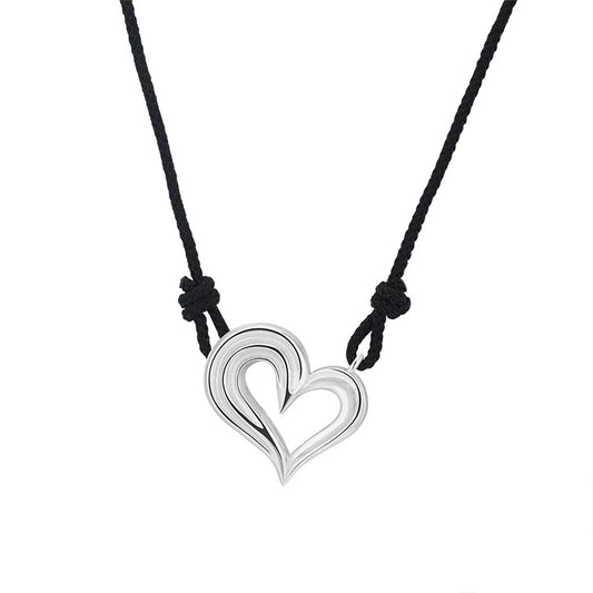 Gold Stainless Steel Hollow Heart Cord Necklace, Grooved Layered Outline Heart Pendant Black Rope Chain