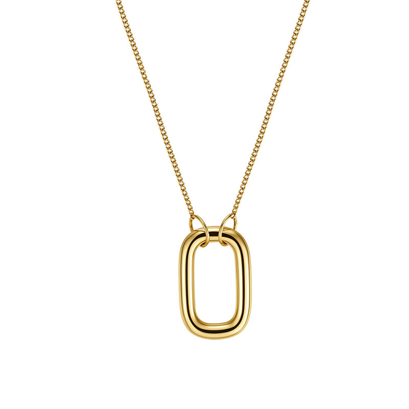 Gold Stainless Steel Rectangular Open Link Pendant Necklace, Large Hollow Paperclip Charm Cable Chain