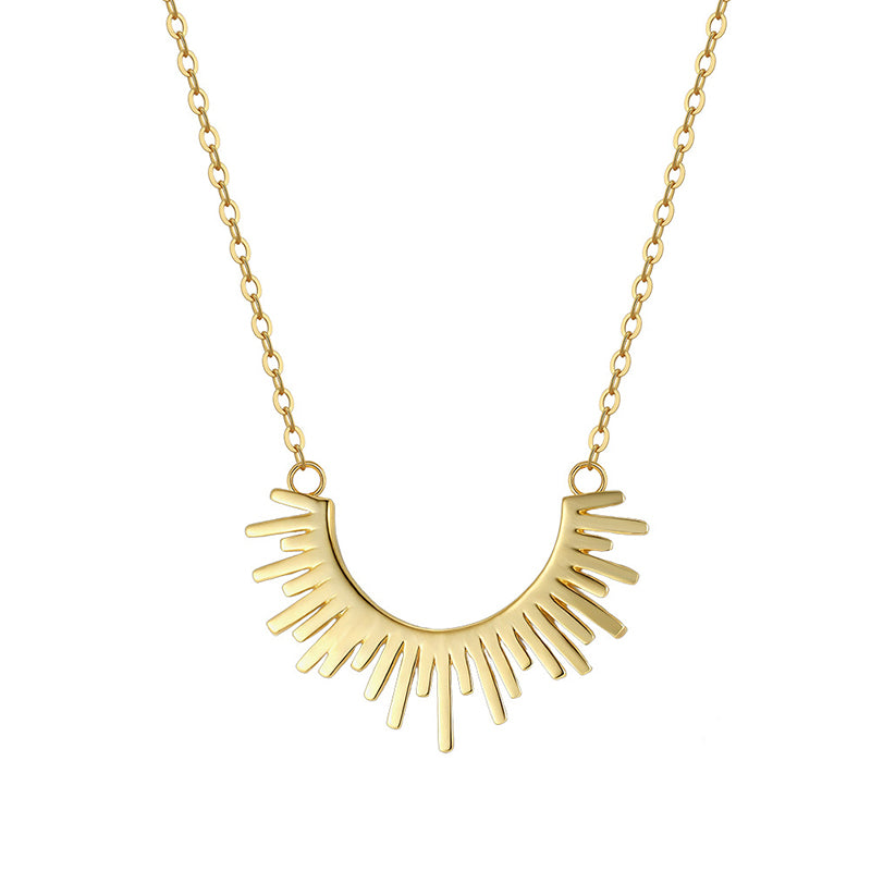Stainless Steel Sunburst Crescent Necklace, Gold Plated Radiant Sun Pendant Choker, Unique Spike Sun Shape Necklace for Women