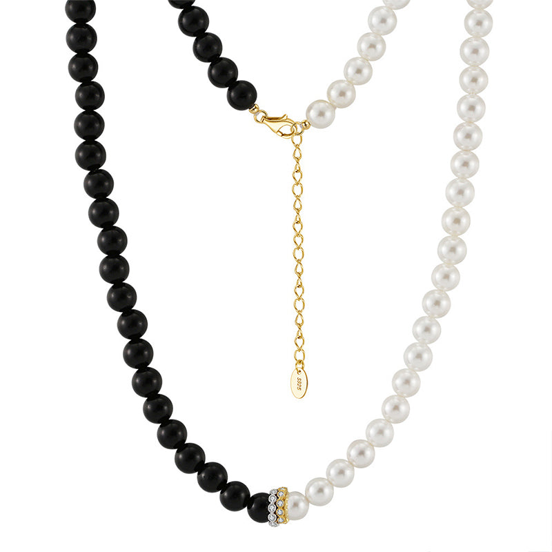 Gold Stainless Steel Two-Tone Beaded Necklace, Black Matte Round Beads & White Imitation Pearl Mixed Strand with CZ Spacer