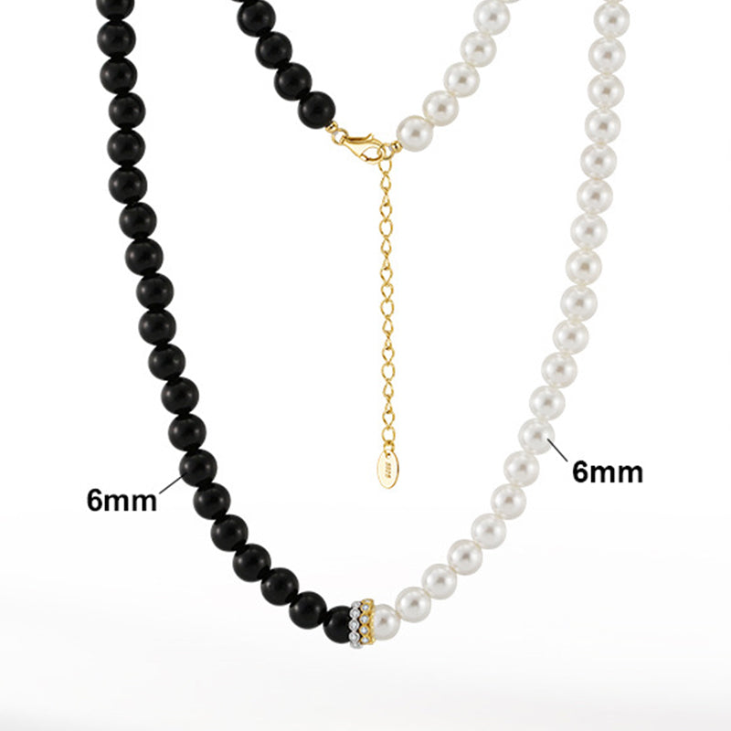 Gold Stainless Steel Two-Tone Beaded Necklace, Black Matte Round Beads & White Imitation Pearl Mixed Strand with CZ Spacer