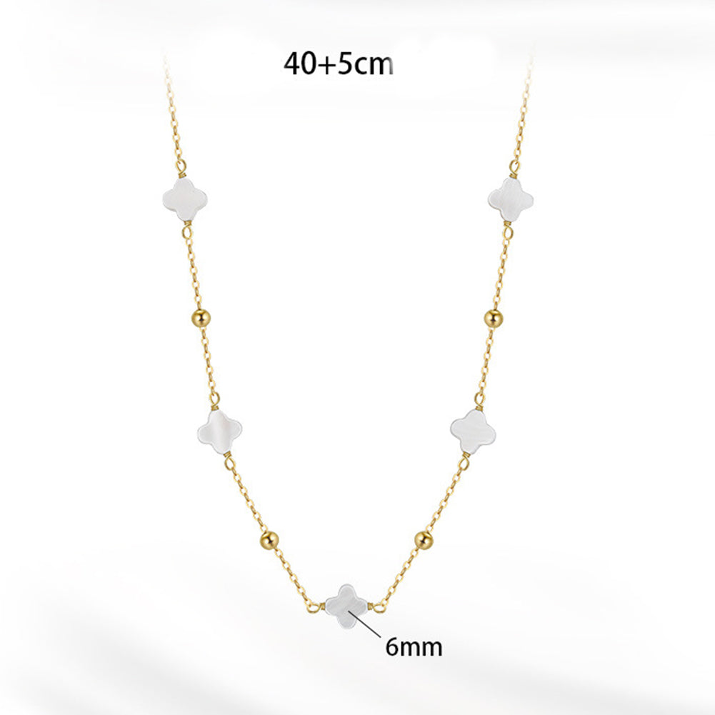 Silver White Mother of Pearl Clover Station Necklace, Solid White Shell Clover Pendants with Silver Ball Spacer Beads