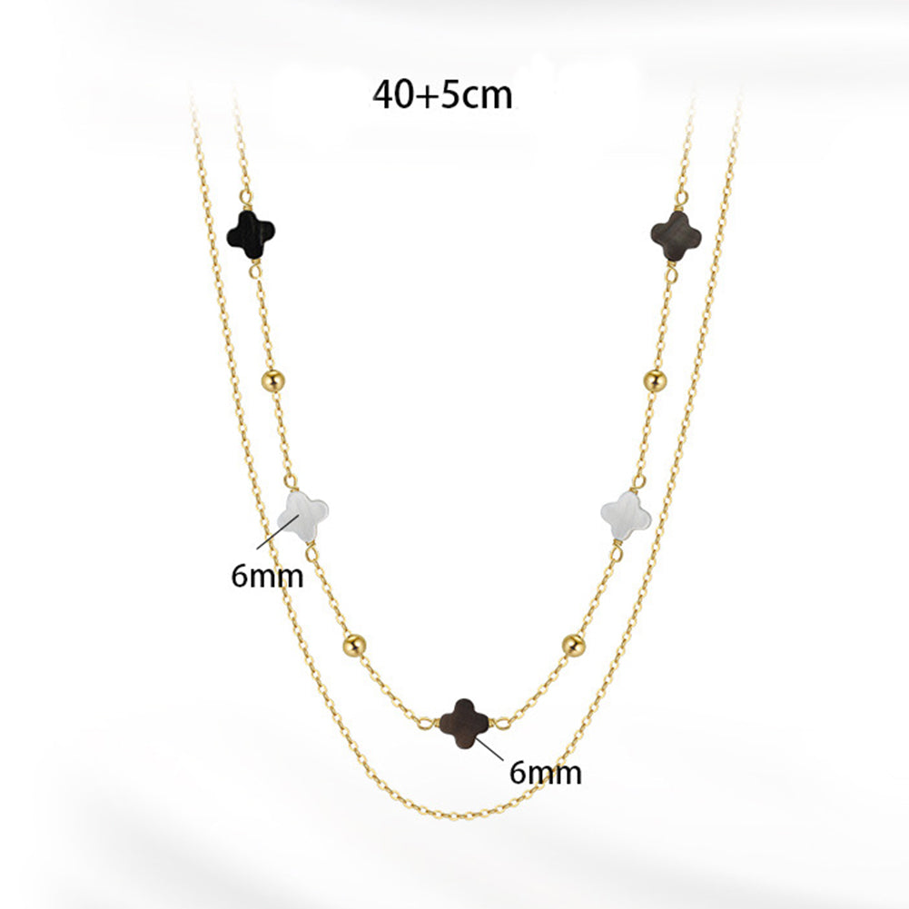 Silver Double Layer Clover Beaded Necklace, Two-Tone Black & Silver Four Leaf Clover Charms with Round Metal Ball Spacers