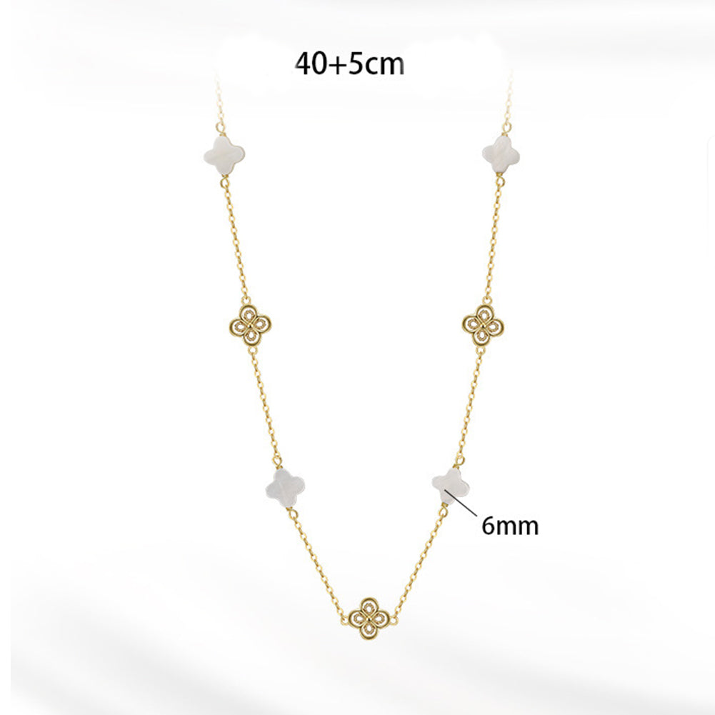 Silver Mixed Clover Station Necklace, White Mother of Pearl Clovers paired with CZ Paved Four Leaf Clover Charms